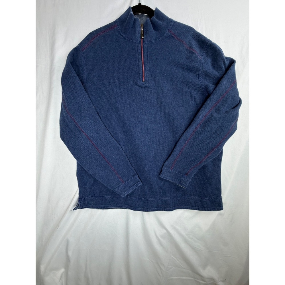 Tommy Bahama Pullover XL Blue 1/4 Zip Textured Knit Red Stitching